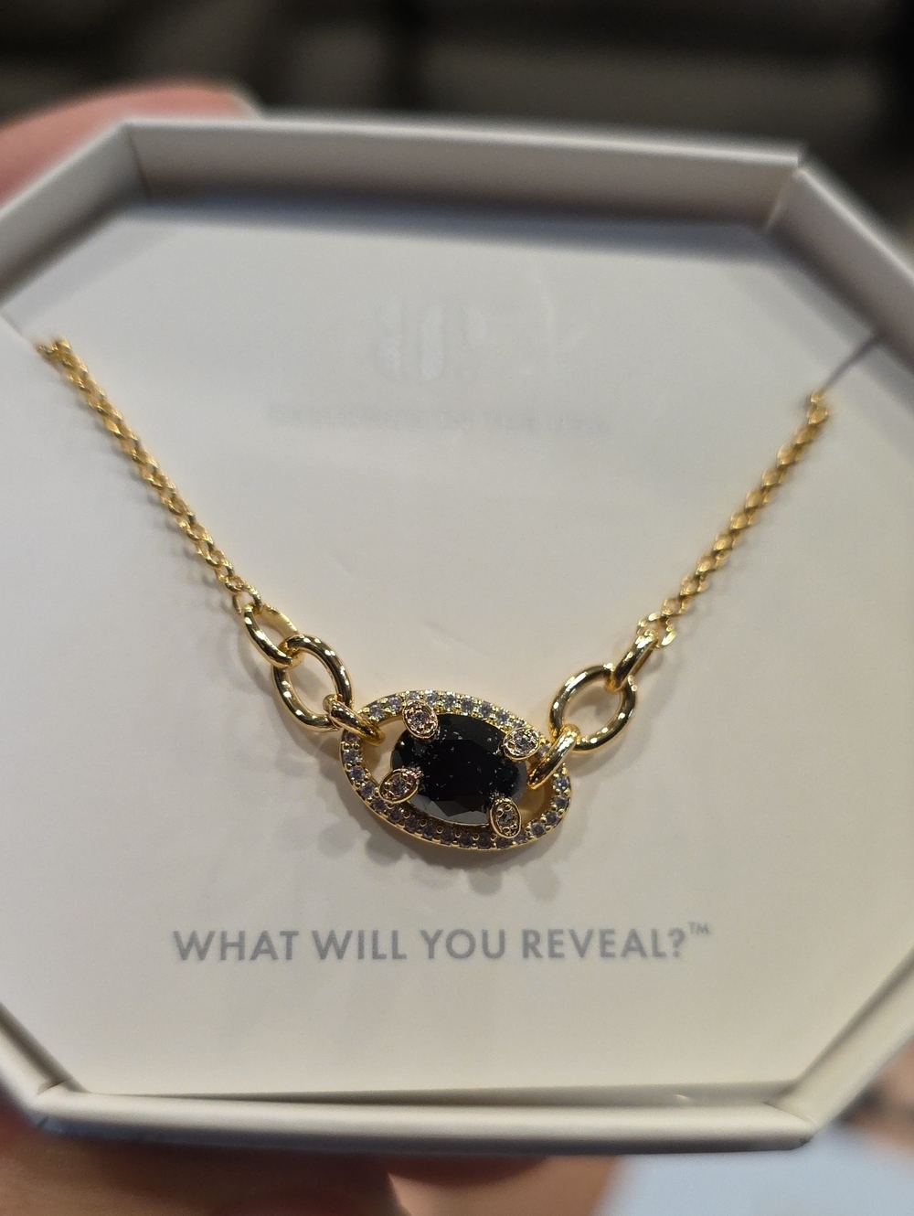 Gold-Tone Necklace with Black Onyx Center Stone and Halo